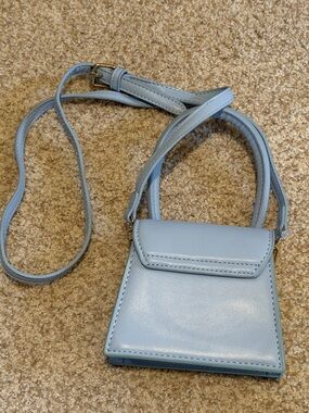 French Inspired Mini Leather Crossbody Bag - Light Blue